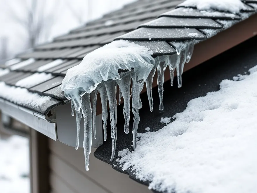 Asphalt shingle roof with an ice ridge and icicles along the eave
